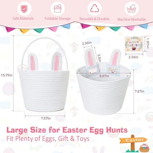 BEIYANA Easter Basket for Kids, Cute Bunny Easter Basket with Removable Ears & Writable Name Tag, Personalized Cotton Rope Woven Empty Easter Basket, First Easter Gift for Toddlers Boys Girls (Pink) - Image 2