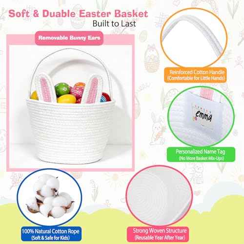 BEIYANA Easter Basket for Kids, Cute Bunny Easter Basket with Removable Ears & Writable Name Tag, Personalized Cotton Rope Woven Empty Easter Basket, First Easter Gift for Toddlers Boys Girls (Pink) - Image 3