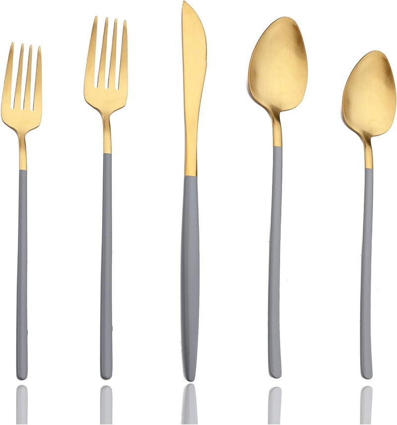 JASHII Matte Grey and Gold Silverware Set 304 Stainless Steel Flatware Set Service for 4 Tableware Cutlery Set for Home Restaurant Party Dinner ForksSpoonsKnives Slim Handle Dishwasher Safe - Image 1