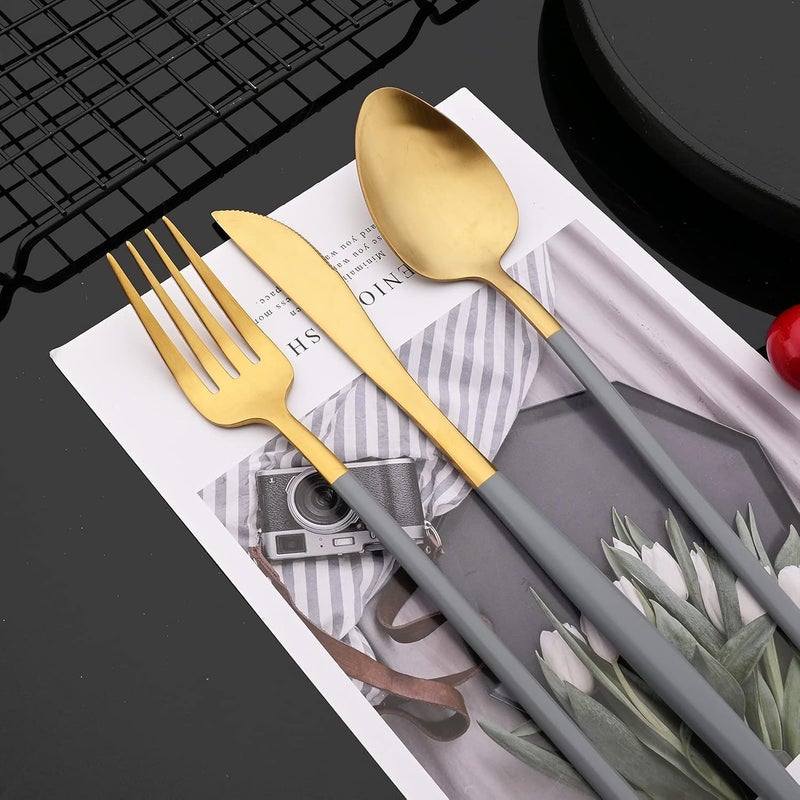 JASHII Matte Grey and Gold Silverware Set 304 Stainless Steel Flatware Set Service for 4 Tableware Cutlery Set for Home Restaurant Party Dinner ForksSpoonsKnives Slim Handle Dishwasher Safe - Image 5