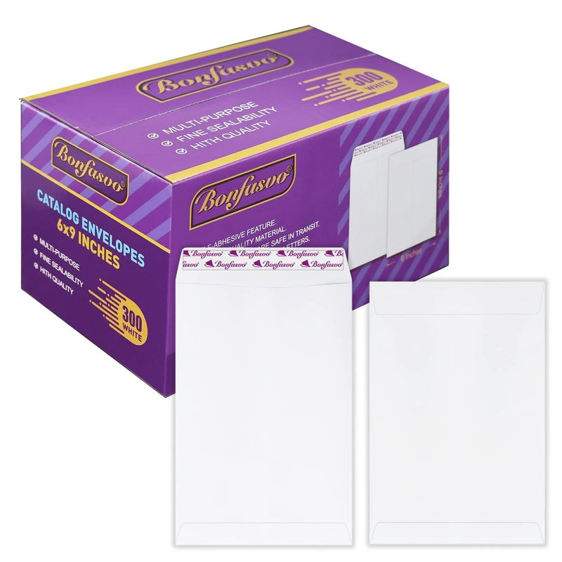 Bonfasvo 300 Pack 6x9 White Catalog Envelopes Peel Seal Security Mailing Envelopes 120GSM Kraft Paper self Seal Envelopes for Invitations Papers Photos Documents Pictures Papers Files