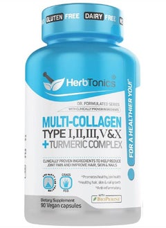 Herbtonics Multi Collagen Capsules (Types 1 2 3 5 and 10) | Hydrolyzed Protein Peptide Grass fed Plus Bone Broth Type 1 2 3 5 10 Healthy Hair Skin Nails (with Turmeric)  - Image 1