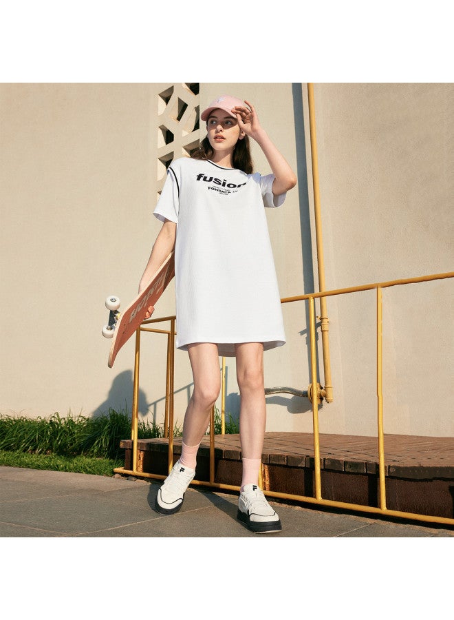 FILA فستان سلسلة الدمج للسيدات بقلنسوة دائرية مزيفة من قطعتين فستان محبوك يومي متعدد الاستخدامات - Image 2
