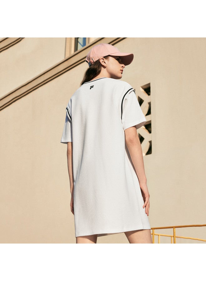 FILA فستان سلسلة الدمج للسيدات بقلنسوة دائرية مزيفة من قطعتين فستان محبوك يومي متعدد الاستخدامات - Image 4