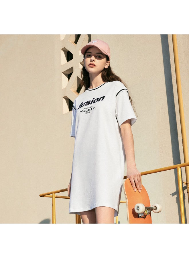 FILA فستان سلسلة الدمج للسيدات بقلنسوة دائرية مزيفة من قطعتين فستان محبوك يومي متعدد الاستخدامات - Image 3