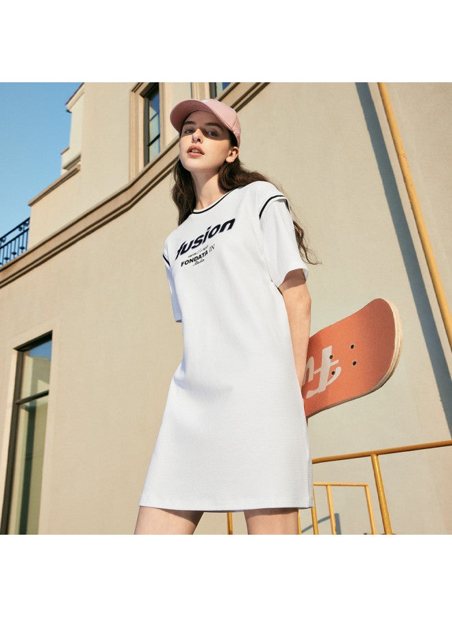 FILA فستان سلسلة الدمج للسيدات بقلنسوة دائرية مزيفة من قطعتين فستان محبوك يومي متعدد الاستخدامات - Image 5