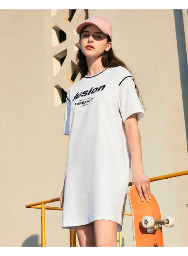 FILA فستان سلسلة الدمج للسيدات بقلنسوة دائرية مزيفة من قطعتين فستان محبوك يومي متعدد الاستخدامات - Image 1