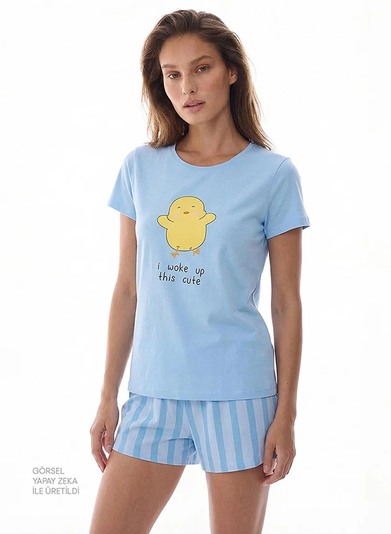 Penti Women's Cotton Lounge Happy Day Shorts Sleeve Tank & Shorts Set - Light Blue