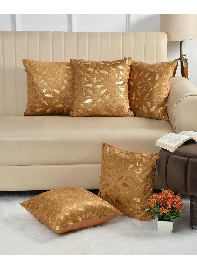 HOMECROWN 16X16 Inch Velvet Cushion Covers Â- Set Of 5 Pcs, Soft Decorative Faux Fur Throw Pillow Covers 250 TC With Golden Feather Print For Sofa, Couch, Bed, Living Room - Golden - Image 1