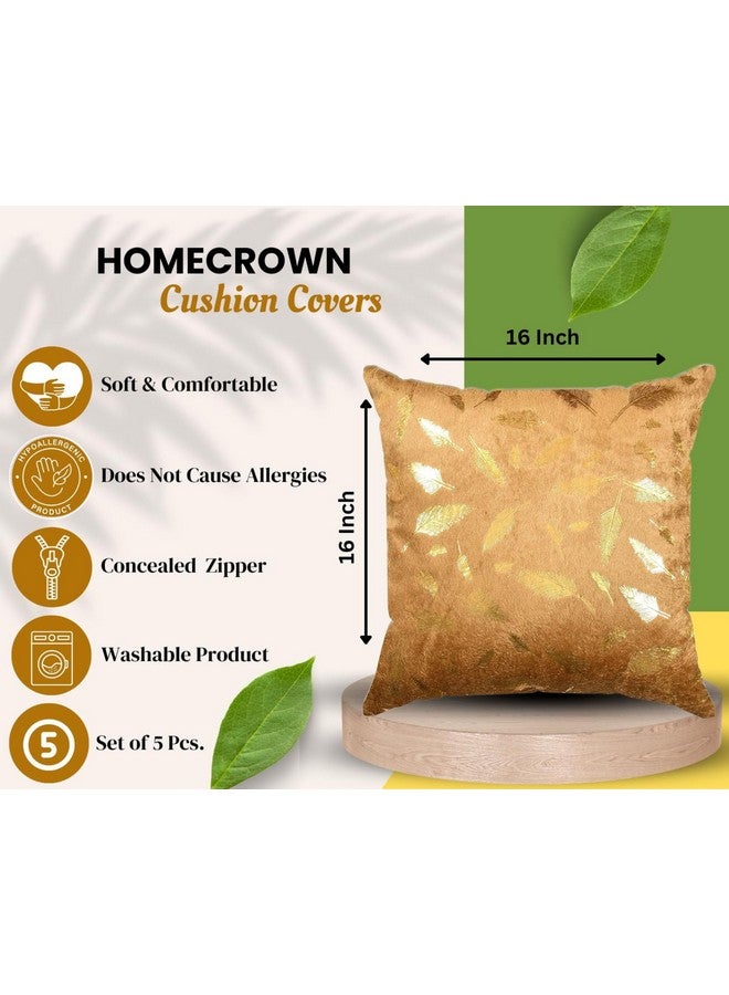 HOMECROWN 16X16 Inch Velvet Cushion Covers Â- Set Of 5 Pcs, Soft Decorative Faux Fur Throw Pillow Covers 250 TC With Golden Feather Print For Sofa, Couch, Bed, Living Room - Golden - Image 3