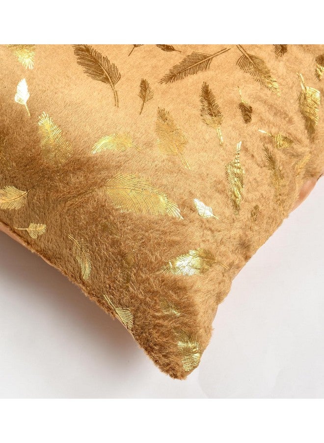 HOMECROWN 16X16 Inch Velvet Cushion Covers Â- Set Of 5 Pcs, Soft Decorative Faux Fur Throw Pillow Covers 250 TC With Golden Feather Print For Sofa, Couch, Bed, Living Room - Golden - Image 2