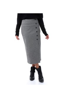 Diamonds Self Pattern Pebble Grey Skirt with Decorated Buttons