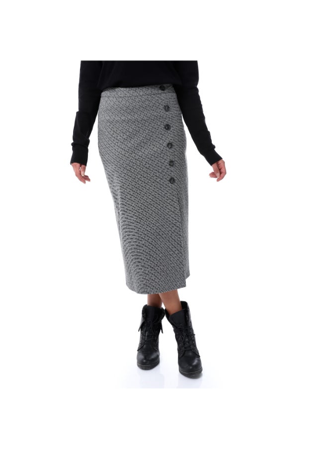Esla Diamonds Self Pattern Pebble Grey Skirt with Decorated Buttons  - Image 1