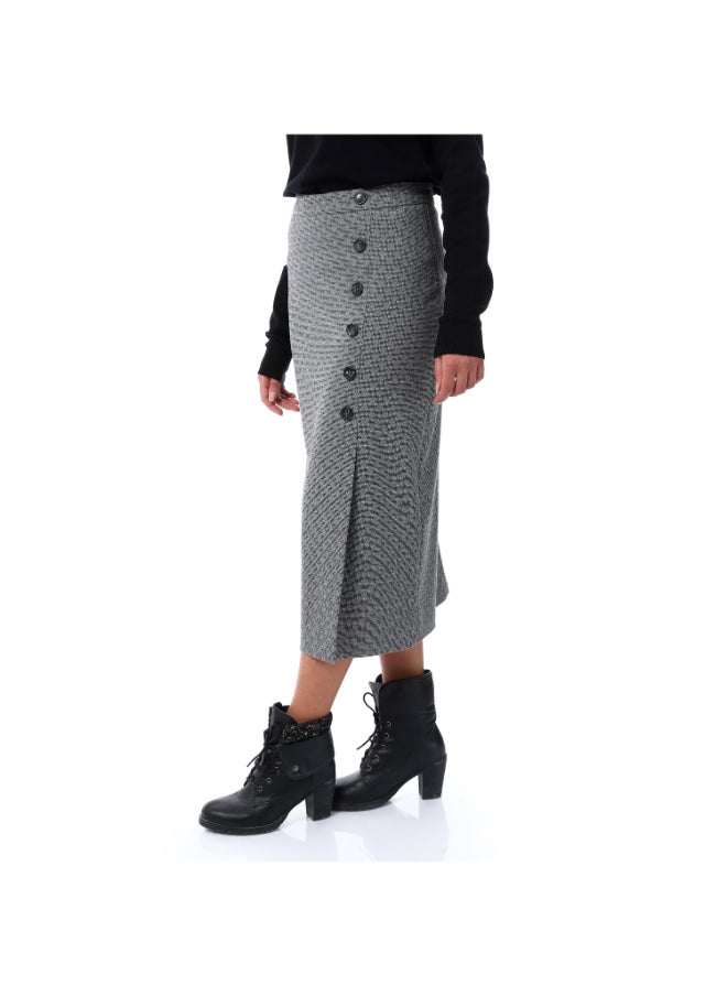 Esla Diamonds Self Pattern Pebble Grey Skirt with Decorated Buttons  - Image 2
