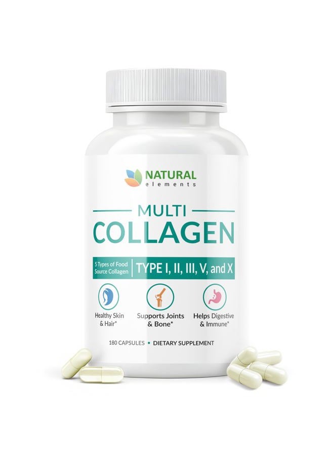 natural elements Multi Collagen 180 Protein Capsules - Type I, II, III, V, X Collagen Pills - Proprietary Blend of Eggshell, Chicken, Wild Fish & Grass-Fed Beef Collagen Peptides - 2025mg per serv - Image 1
