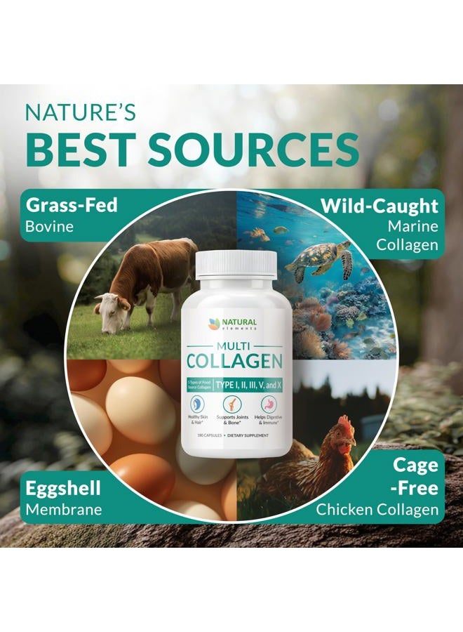 natural elements Multi Collagen 180 Protein Capsules - Type I, II, III, V, X Collagen Pills - Proprietary Blend of Eggshell, Chicken, Wild Fish & Grass-Fed Beef Collagen Peptides - 2025mg per serv - Image 4