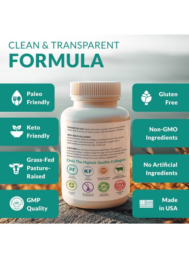 natural elements Multi Collagen 180 Protein Capsules - Type I, II, III, V, X Collagen Pills - Proprietary Blend of Eggshell, Chicken, Wild Fish & Grass-Fed Beef Collagen Peptides - 2025mg per serv - Image 5