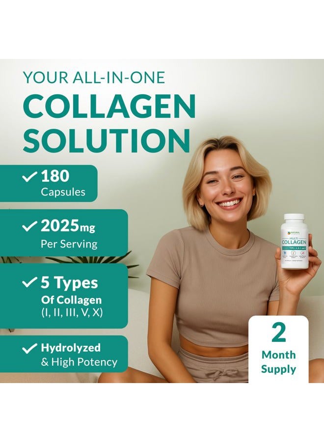 natural elements Multi Collagen 180 Protein Capsules - Type I, II, III, V, X Collagen Pills - Proprietary Blend of Eggshell, Chicken, Wild Fish & Grass-Fed Beef Collagen Peptides - 2025mg per serv - Image 2