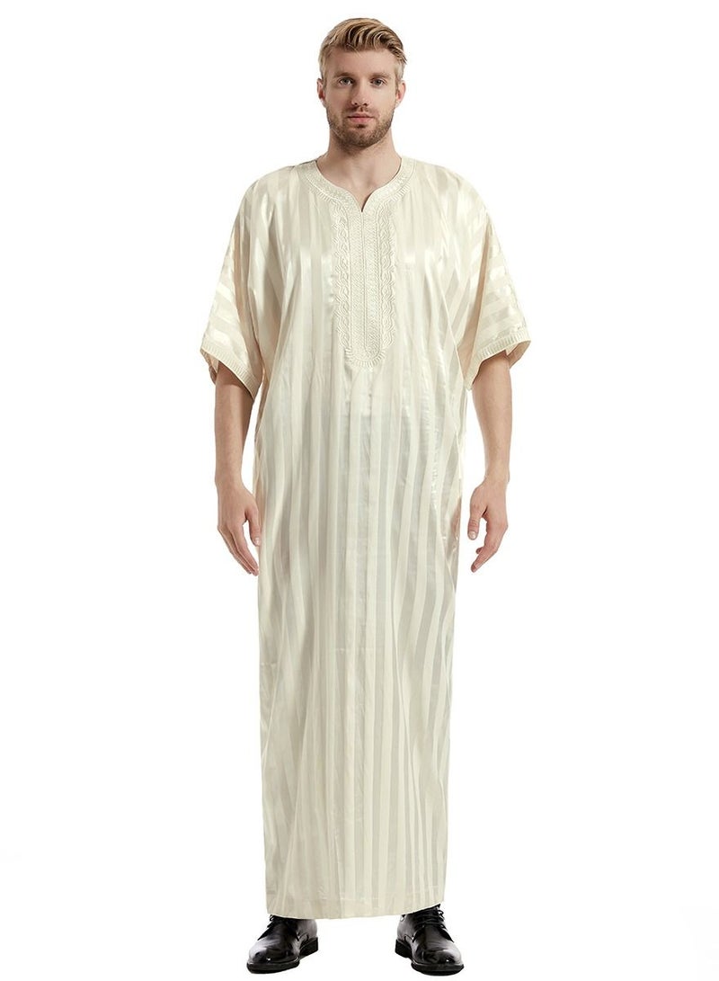إسكدنيا Men's Solid Color Short Sleeve Kandora Islamic Arabic Embroidery Kaftan Robe Light Beige 