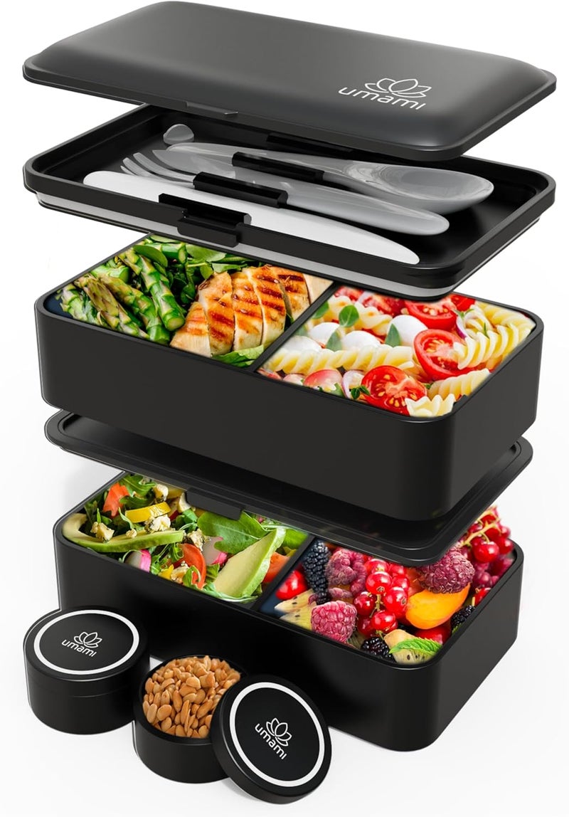UMAMI Bento Box Adult All-In-1 w/4 Utensils, 2 Sauce Jar, 2 Dividers, 100% Leakproof, Microwave & Dishwasher Safe, Stackable Bento Lunch Box Containers for Men/Women, Matte Black, 40 oz - Image 1
