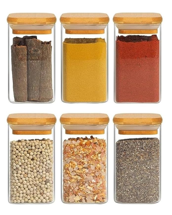 VILON 280ml Glass Jars with Bamboo Lids | Square Airtight Spice & Storage Containers for Kitchen, Pantry & Herbs | Set of 6 - Image 1