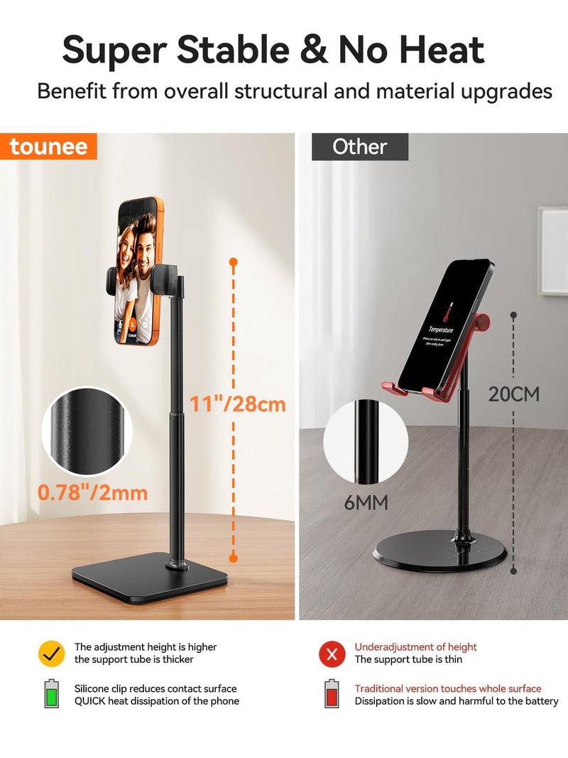 tounee Phone Stand for Desk, 8-11" Height Adjustable Cell Phone Holder for Live Streaming, Video Recording, TikTok – Compatible with iPhone 17/16/15, Samsung, All 4-7" Smartphones -Black - Image 4