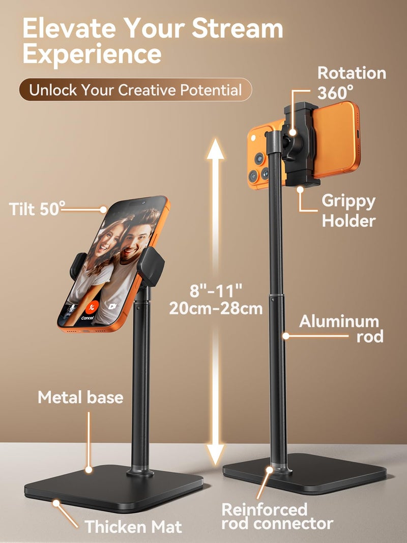 tounee Phone Stand for Desk, 8-11" Height Adjustable Cell Phone Holder for Live Streaming, Video Recording, TikTok – Compatible with iPhone 17/16/15, Samsung, All 4-7" Smartphones -Black - Image 3