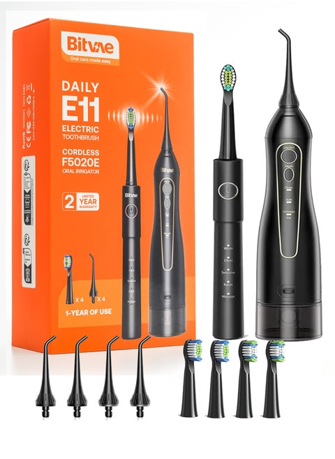 Electric Toothbrush with Water Flosser,Rechargeable Cordless Waterproof, 5 Selectable Modes and 4 Heads Whitening Toothbrush, 3 Modes and 4 Nozzles Oral Irrigator Black for Travel