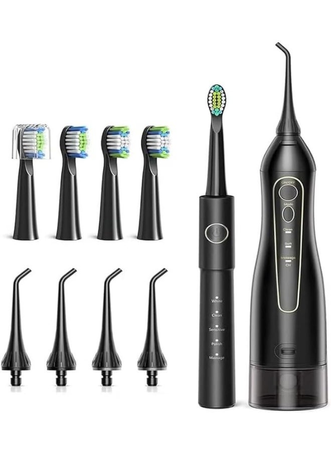Electric Toothbrush with Water Flosser,Rechargeable Cordless Waterproof, 5 Selectable Modes and 4 Heads Whitening Toothbrush, 3 Modes and 4 Nozzles Oral Irrigator Black for Travel