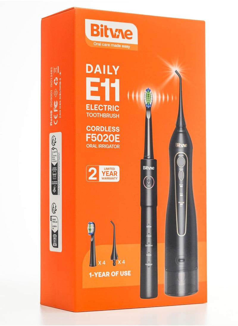 Electric Toothbrush with Water Flosser,Rechargeable Cordless Waterproof, 5 Selectable Modes and 4 Heads Whitening Toothbrush, 3 Modes and 4 Nozzles Oral Irrigator Black for Travel