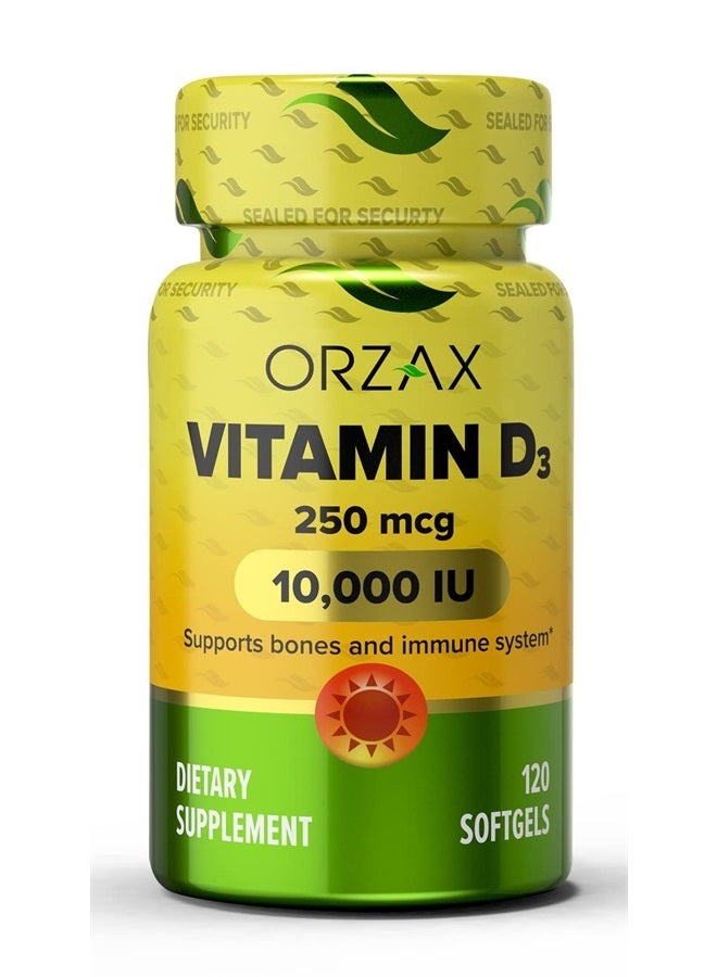 ORZAX فيتامين د3 10000 وحدة دولية، 120 يوم إمداد، يدعم جهاز المناعة وصحة العظام، معزز للمزاج، خالي من الجلوتين، 250 ميكروغرام، 120 كبسولة لينة صغيرة - Image 1