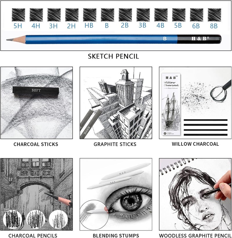 HB 36 Pack Drawing Set Sketch Kit,Sketching Supplies with 2 sketch pad, Graphite Pencils, Charcoal Sticks, Eraser, Pro Art Drawing Kit for Artists Beginner Adults, Ideal for Shading, Blending - Image 2