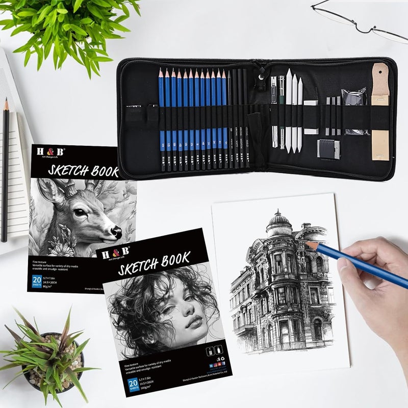 HB 36 Pack Drawing Set Sketch Kit,Sketching Supplies with 2 sketch pad, Graphite Pencils, Charcoal Sticks, Eraser, Pro Art Drawing Kit for Artists Beginner Adults, Ideal for Shading, Blending - Image 5