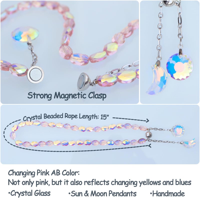 PEDOBO Magnetic Curtain Tiebacks, 2 Pack Crystal Beaded Sun & Moon Pendants Sheers/Draperies Holdbacks for Window Home Office Decor (Pink) - Image 3