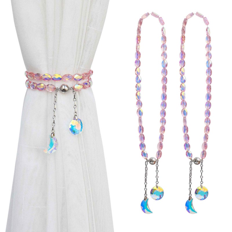 PEDOBO Magnetic Curtain Tiebacks, 2 Pack Crystal Beaded Sun & Moon Pendants Sheers/Draperies Holdbacks for Window Home Office Decor (Pink) - Image 1