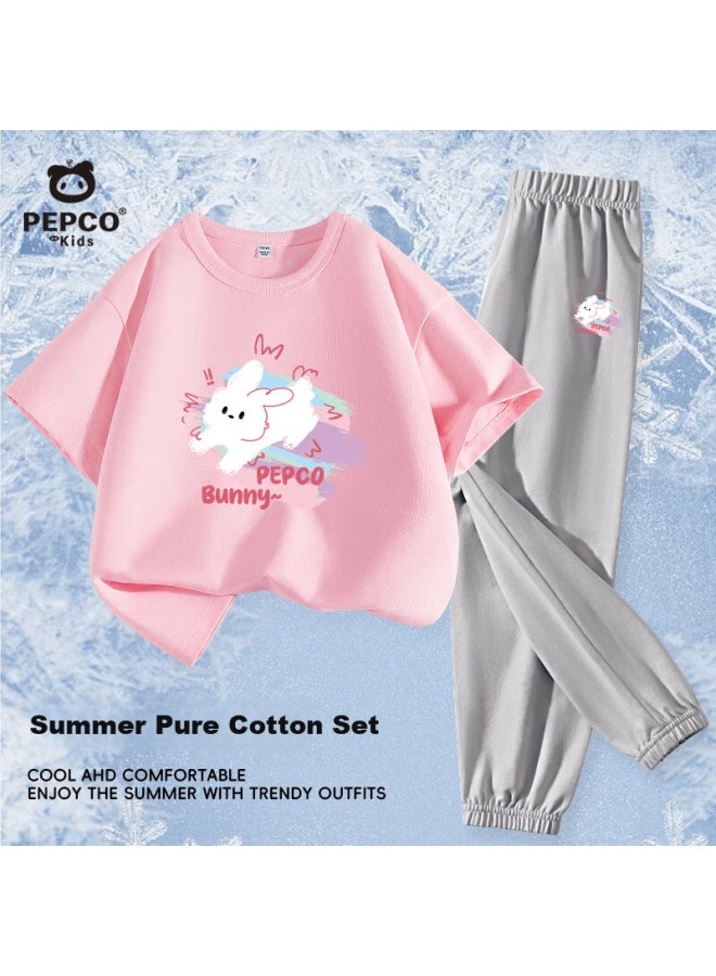 Pepco Girls' Summer Set Cotton Stylish Round Neck Short Sleeve Top And Anti-mosquito Pants Two-piece Children's Summer Outfit