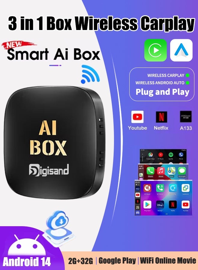Digisand Android 14.0 3In1 CarPlay Ai Box Wireless Android Auto USB Adapter 2+32G For Youtube Netflix Universal Smart TV Box Plug And Play Car Intelligent Systems - Image 1