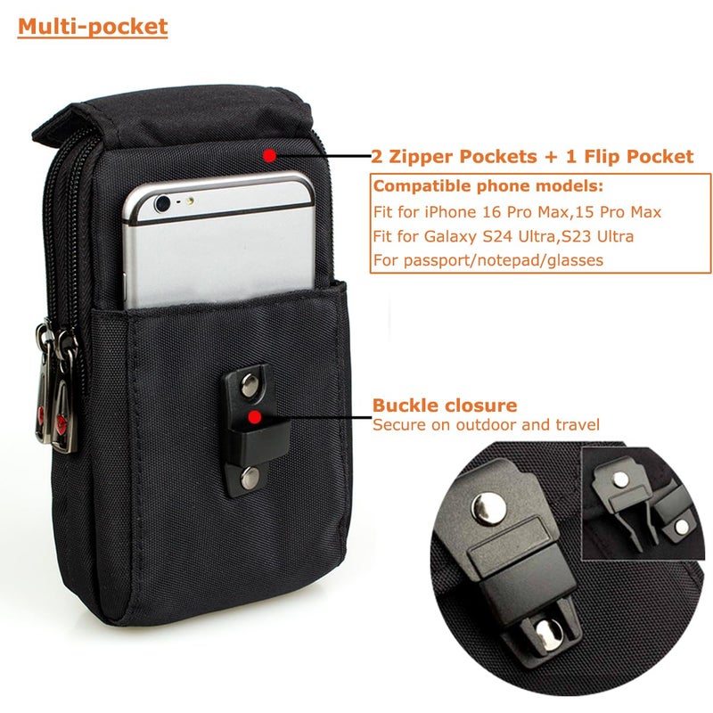 VIIGER Large Multi-Purpose Nylon Cell Phone Belt Holster for iPhone 17 Pro Max Case 16 Pro Max Galaxy S25 Ultra A15 5G Universal Dual Smartphone Pouch with Belt Loop Clip for Men for 2 Mobile Phones - Image 2
