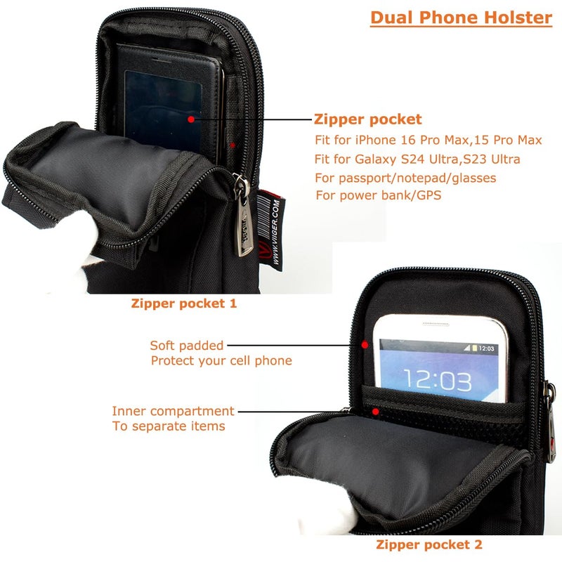 VIIGER Large Multi-Purpose Nylon Cell Phone Belt Holster for iPhone 17 Pro Max Case 16 Pro Max Galaxy S25 Ultra A15 5G Universal Dual Smartphone Pouch with Belt Loop Clip for Men for 2 Mobile Phones - Image 3