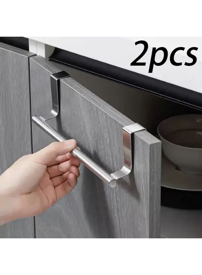 2pcs Silver And Black Kitchen Cabinet Door Single Bar Towel Rack No Drill Mounting Stainless Steel Over The Door Towel Holder For Bathroom And Kitchen Organization - Image 1