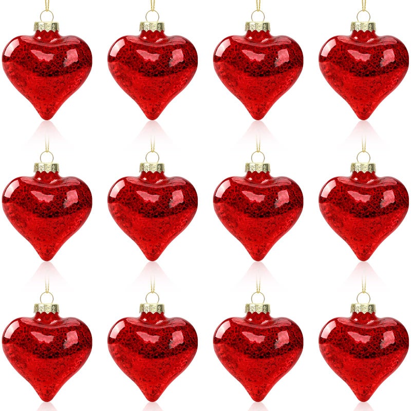 MOUNTCLIM Glass Heart Ornaments, Valentine's Day Hanging Decor for Home, Party, and Valentines Day Tree, 12PCS Red Antique 3D Hanging Decor for Valentines Day Tree Valentine's Day - Image 1