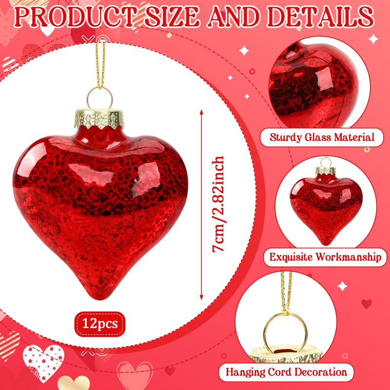 MOUNTCLIM Glass Heart Ornaments, Valentine's Day Hanging Decor for Home, Party, and Valentines Day Tree, 12PCS Red Antique 3D Hanging Decor for Valentines Day Tree Valentine's Day - Image 3
