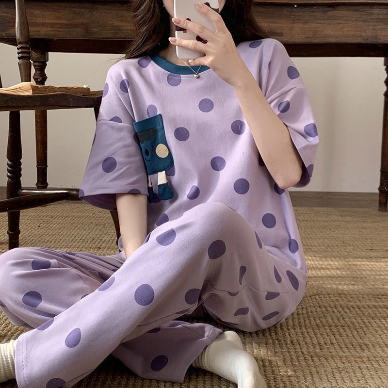 Pajamas womens summer cotton high quality short-sleeved trousers pullover striped cartoon sweet female student casual home wearHMF-33507 HMF-33507