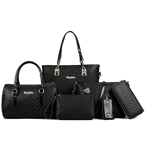AlwaySky Women's Handbag Set, 6 Pcs PU Leather Top Handle Purse Shoulder Bag Purse Wallet Crossbody Bag Set, Black - Image 1