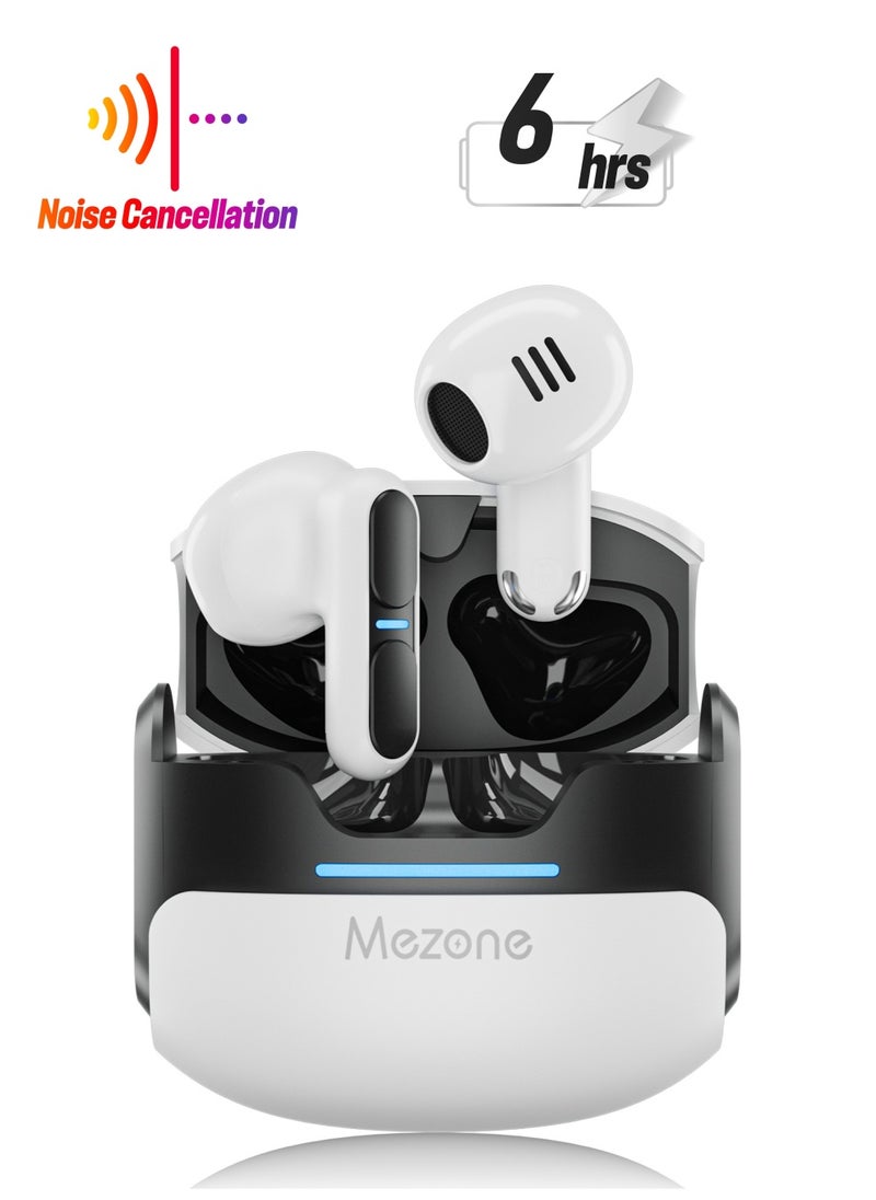 Mezone Mercurio ENC Noise Cancelling In-Ear Earbuds, Wireless Bluetooth Earphones with Superior HiFi Stereo Sound, IPX5 Waterproof, Type-C Charging & Auto Pairing, White  - Image 1