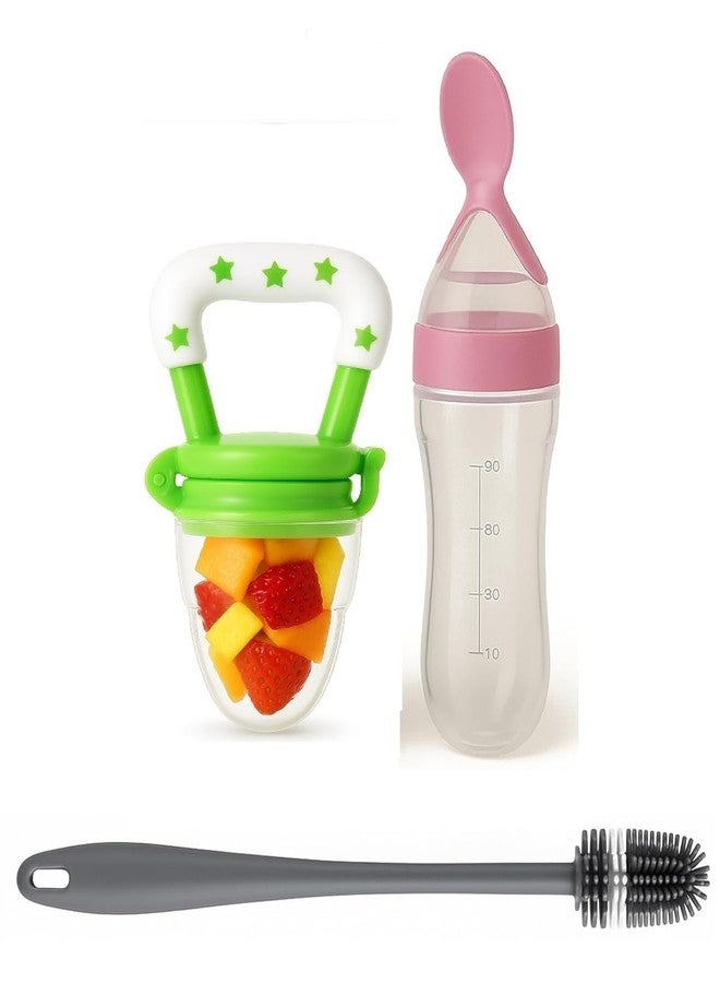 Joy Buzz Baby Food Dispensing Spoon Feeder Bottle 90ml and Fruit Feeder/Nibbler/Pacifier with Bottle Cleaning Brush Pack of 3 (Pink-GRN) - Image 1