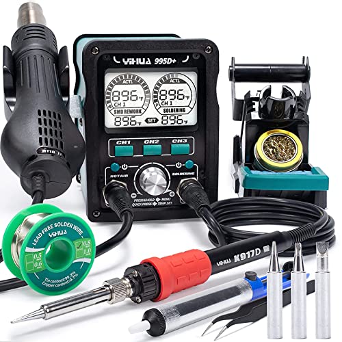 YIHUA 995D+ EVO Soldering Hot Air Station Kit 2-IN-1 110W Soldering Iron with LCD Display, Power Meter, Preset Channels, Sleep Mode, °C-°F Conversion, Automatic Shutdown Functions - Image 1
