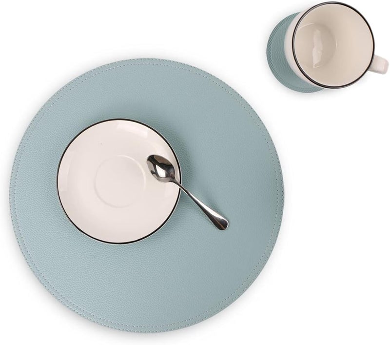 Jovono Set of 6 Faux Leather Round Placemats and Coasters Coffee Mats Kitchen Table Mats Waterproof Easy to Clean for Kitchen Dining Round Table - Image 1