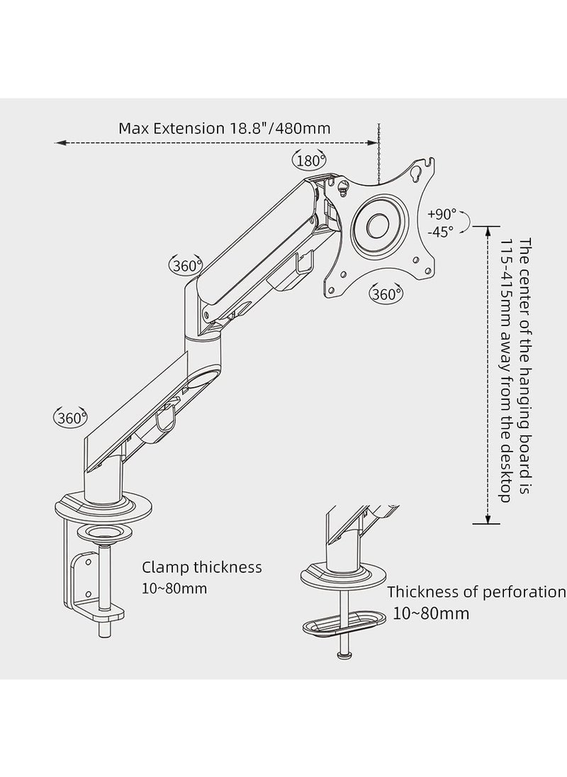 Yakiter - Monitor Desk Mount Single Arm Stand, Full Motion Monitor Arm with Gas Spring for 17 to 30 Inch LCD LED Computer Monitor-Holds up to 2-9kg - Image 1
