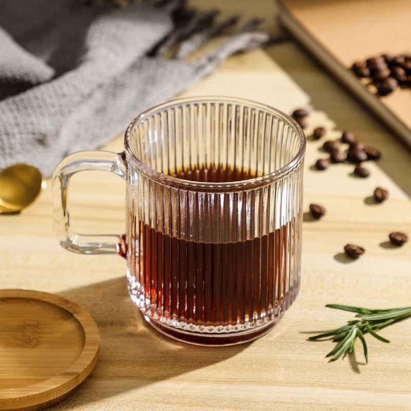 Lysenn Clear Glass Coffee Mug with Lid - Premium Classical Vertical Stripes Glass Tea Cup - for |Latte|Tea|Chocolate|Juice|Water| - Unleaded - Bamboo Lid - 12.5 Ounces - Image 3